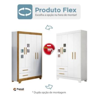 Roupeiro Infantil Fly 4 Portas 2 Gavetas Tigus Baby Flex Branco Madeirado