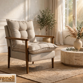 Luxuosa Poltrona Jf Decorativa Cor 167 Tecido Linho Bege Pés Em Madeira