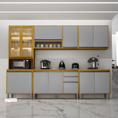 Cozinha Completa 5 Peças Eduarda Cristaleira-Com led Cinamomo Cinza  CHF Móveis portas em MDF