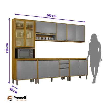 Cozinha Eduarda 5 Peças Cristaleira-C/Led Balção 1.20cm /Balção 80cm / Aéreo1.20cm /Aéreo80cm  Cinamomo Cinza  CHF Móveis portas em MDF