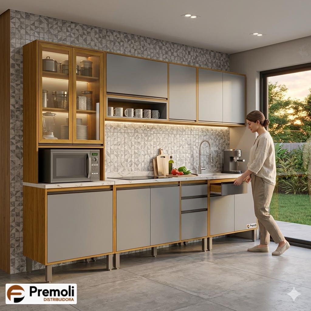Cozinha Eduarda 5 Peças Cristaleira-C/Led Balção 1.20cm /Balção 80cm / Aéreo1.20cm /Aéreo80cm Cinamomo Cinza CHF Móveis portas em MDF - Imagem 4