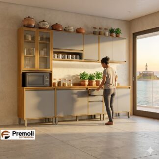 Cozinha Eduarda 5 Peças Cristaleira-C/Led Balção 1.20cm /Balção 80cm / Aéreo1.20cm /Aéreo80cm  Cinamomo Cinza  CHF Móveis portas em MDF