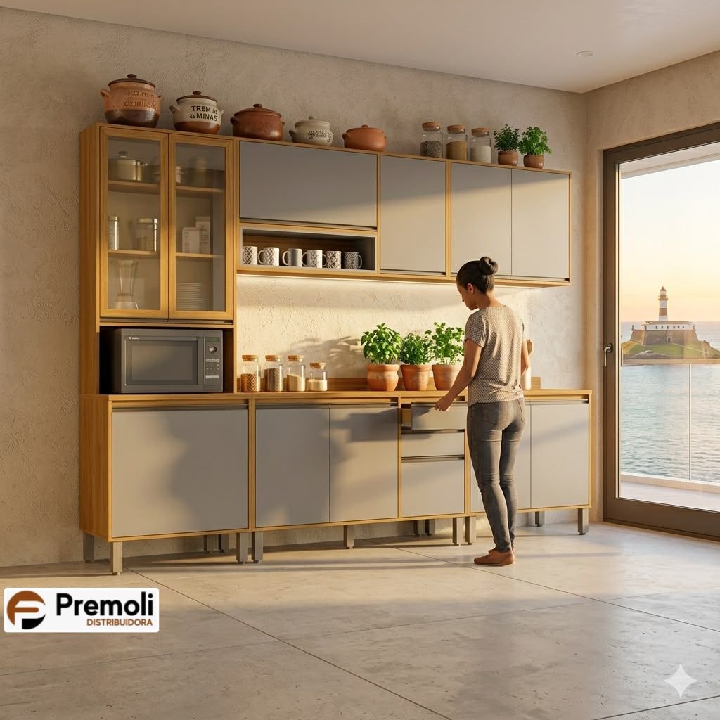 Cozinha Eduarda 5 Peças Cristaleira-C/Led Balção 1.20cm /Balção 80cm / Aéreo1.20cm /Aéreo80cm Cinamomo Cinza CHF Móveis portas em MDF