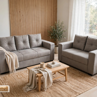 Sofa Pop Bela 2 /3 Lugares Suede Cor Bege  – almofadas soltas Pés em Madeira Variação de Tonalidade