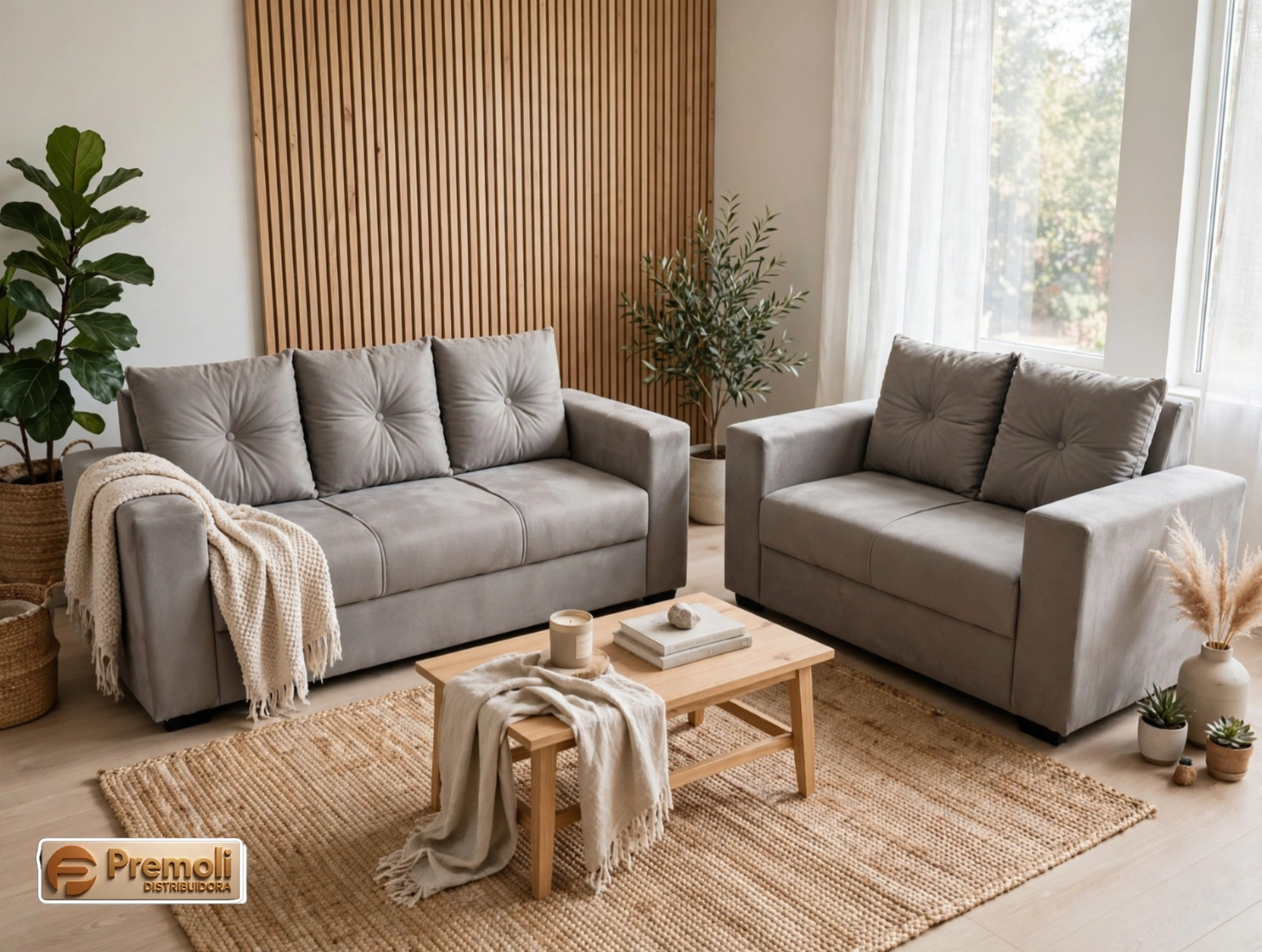 Sofa Pop Bela 2 /3 Lugares Suede Cor Bege – almofadas soltas Pés em Madeira Variação de Tonalidade