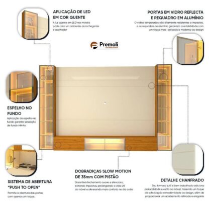 Home TV  90 Polegadas 293cm com Porta Reflecta LED 100% MDF Luminare - Gelius Móveis - Imagem 4