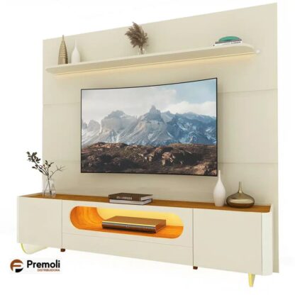 Painel Gelius Royal e Rack Nobre com LED para TV de até 85 polegadas pés de VIDRO  OFF White/Naturalle - Imagem 4