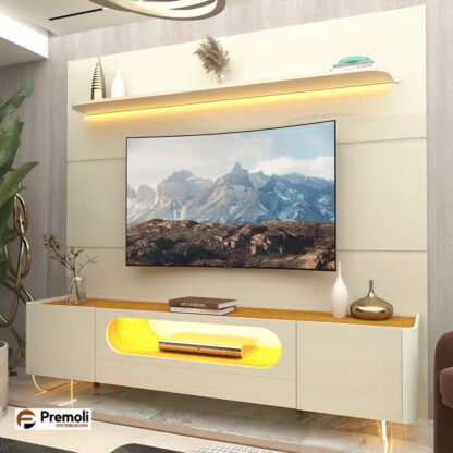 Painel Gelius Royal e Rack Nobre com LED para TV de até 85 polegadas pés de VIDRO  OFF White/Naturalle