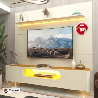 Painel Gelius Royal e Rack Nobre C/ LED TV Até 85 Polegadas Pés de VIDRO OFF White/Naturalle