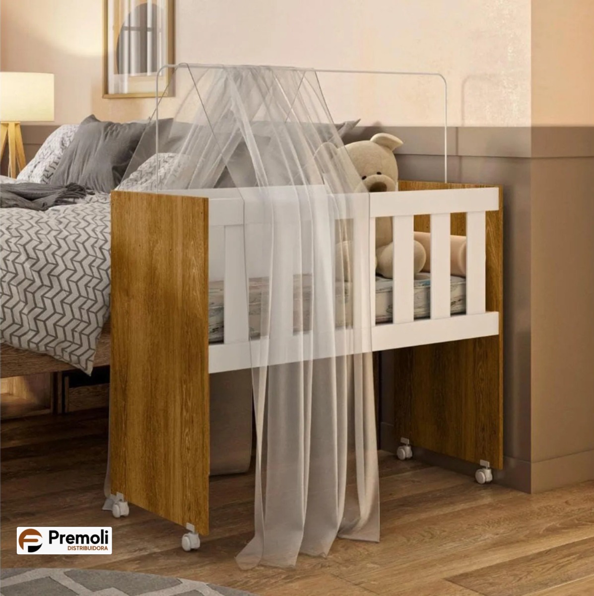 Mini Berco Multifuncional Rubi 5 em 1  Com Colchao Branco e Amadeirado Tigus