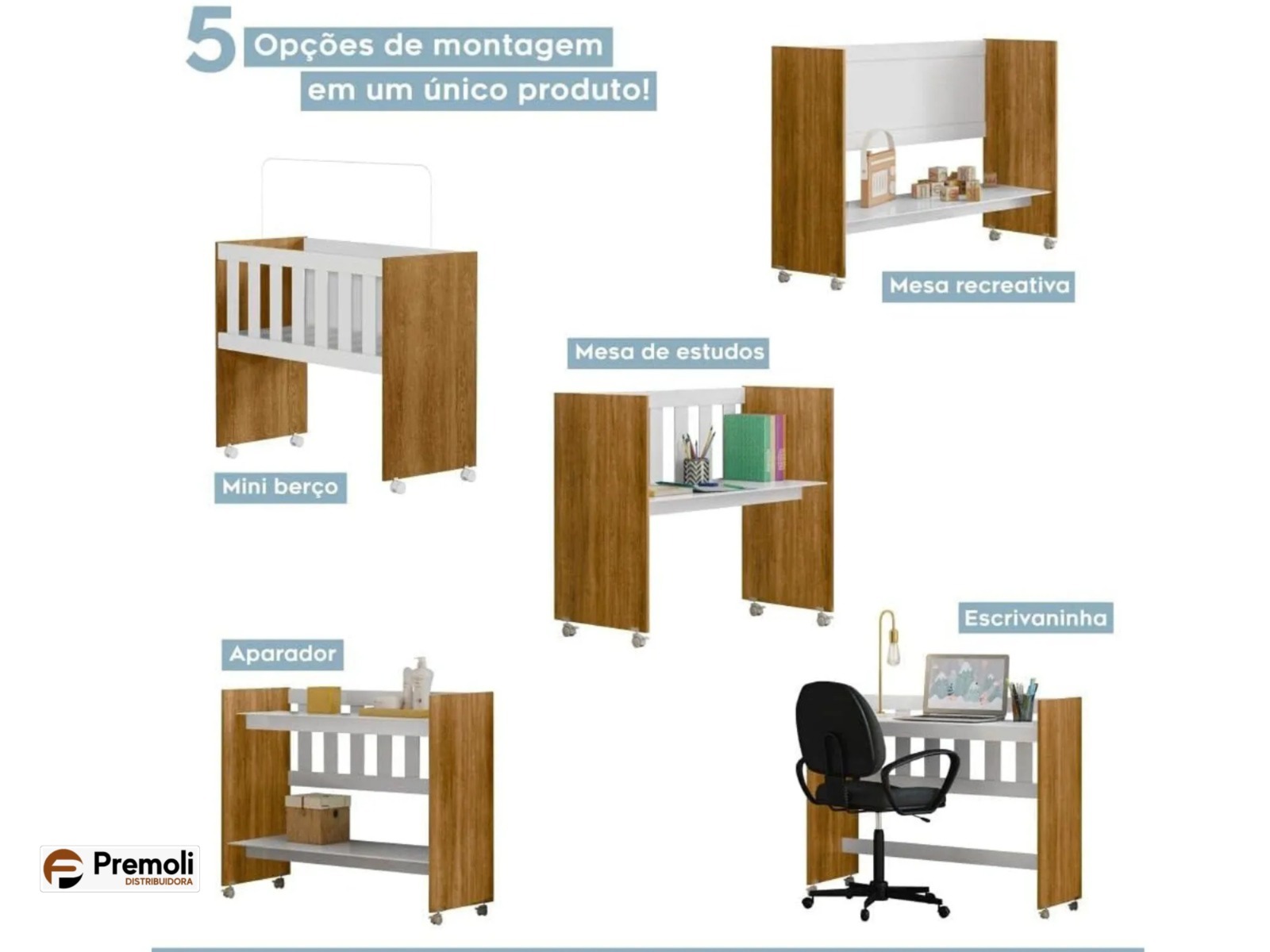 Mini Berco Multifuncional Rubi 5 em 1  Com Colchao Branco e Amadeirado Tigus - Imagem 4