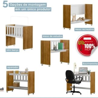 Mini Berco Multifuncional Rubi 5 em 1  Com Colchao Branco e Amadeirado Tigus