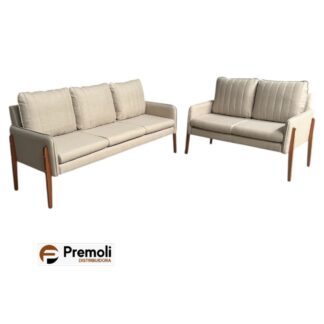 Conjunto Sofá FÃ 2 e 3 Lugares Em Tecido De Linho Bege C/ Design Contemporâneo e Pés De Madeira