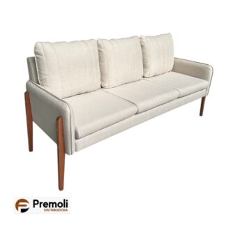 Sofá FÃ  3 Lugares Em Tecido De Linho Bege C/ Design Contemporâneo e Pés De Madeira