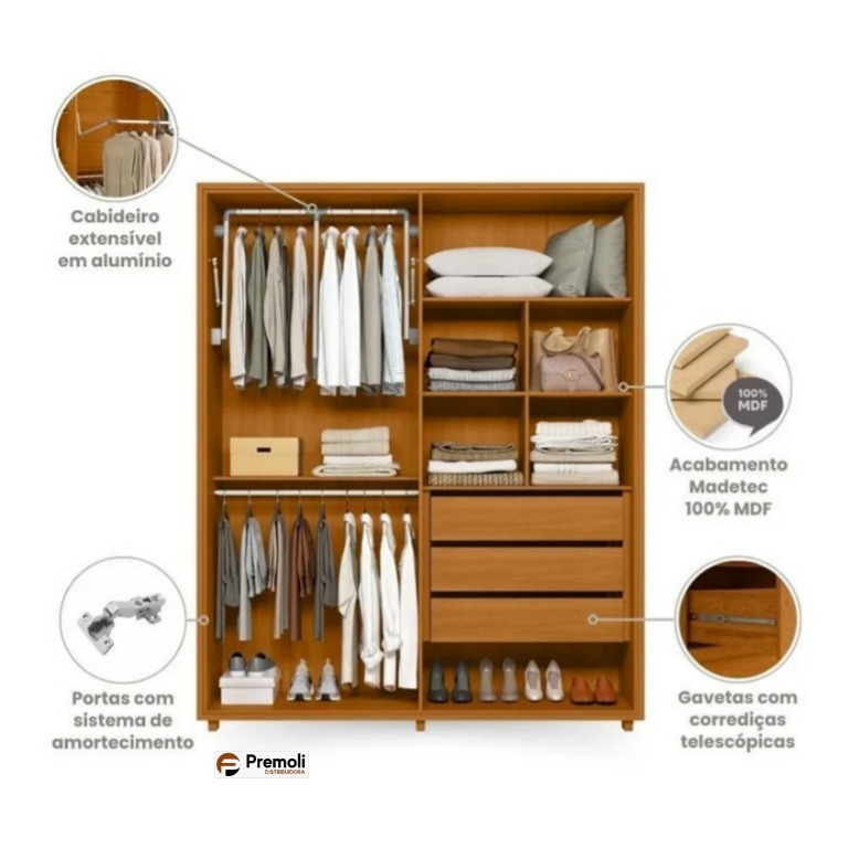 Guarda Roupa Greco 4 Portas Cinamomo/off White com Espelho - Madetec - Imagem 3