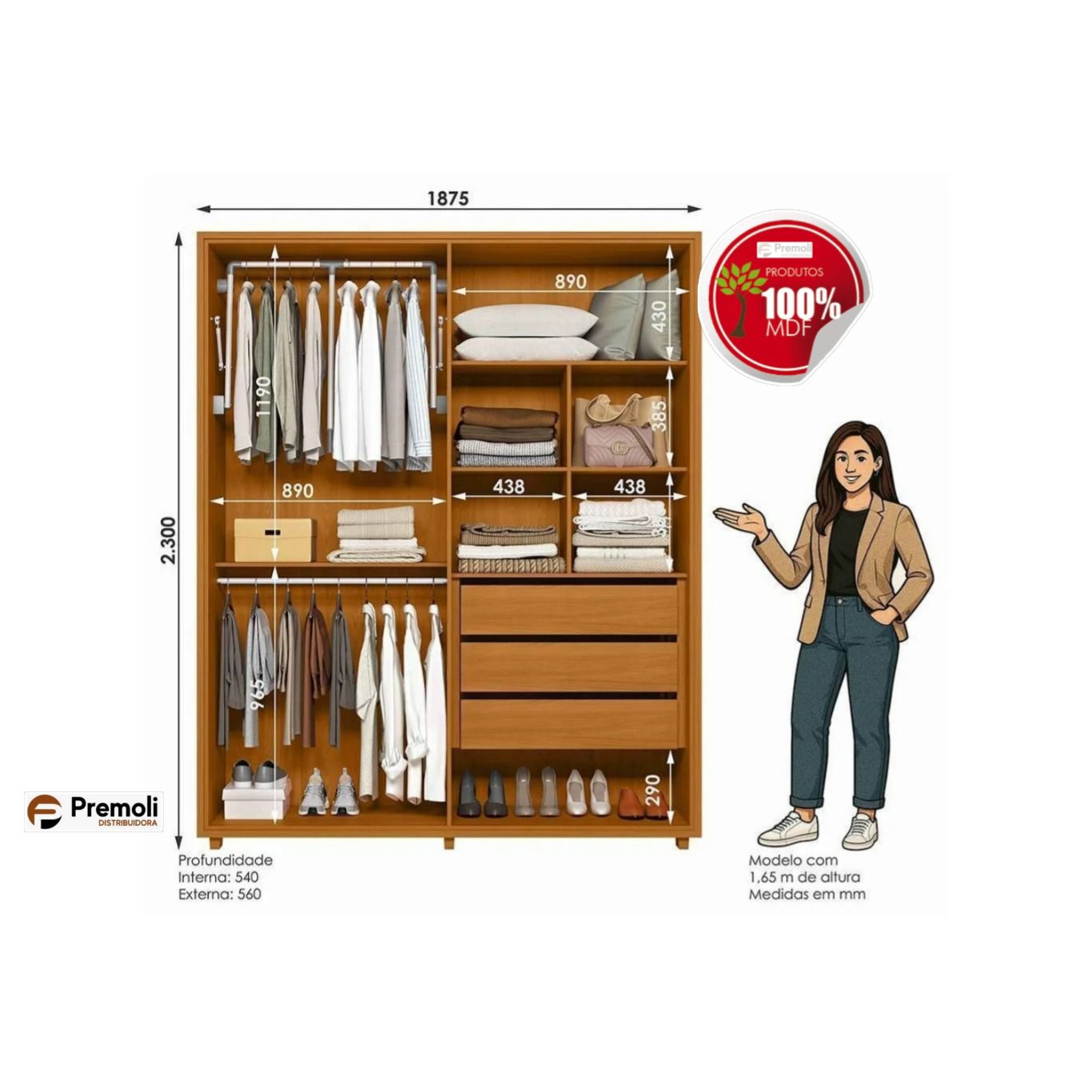 Guarda Roupa Greco 4 Portas Cinamomo/off White com Espelho - Madetec - Imagem 3