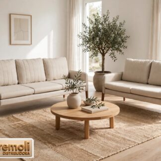 Conjunto Sofá FÃ 2 e 3 Lugares Em Tecido De Linho Bege C/ Design Contemporâneo e Pés De Madeira