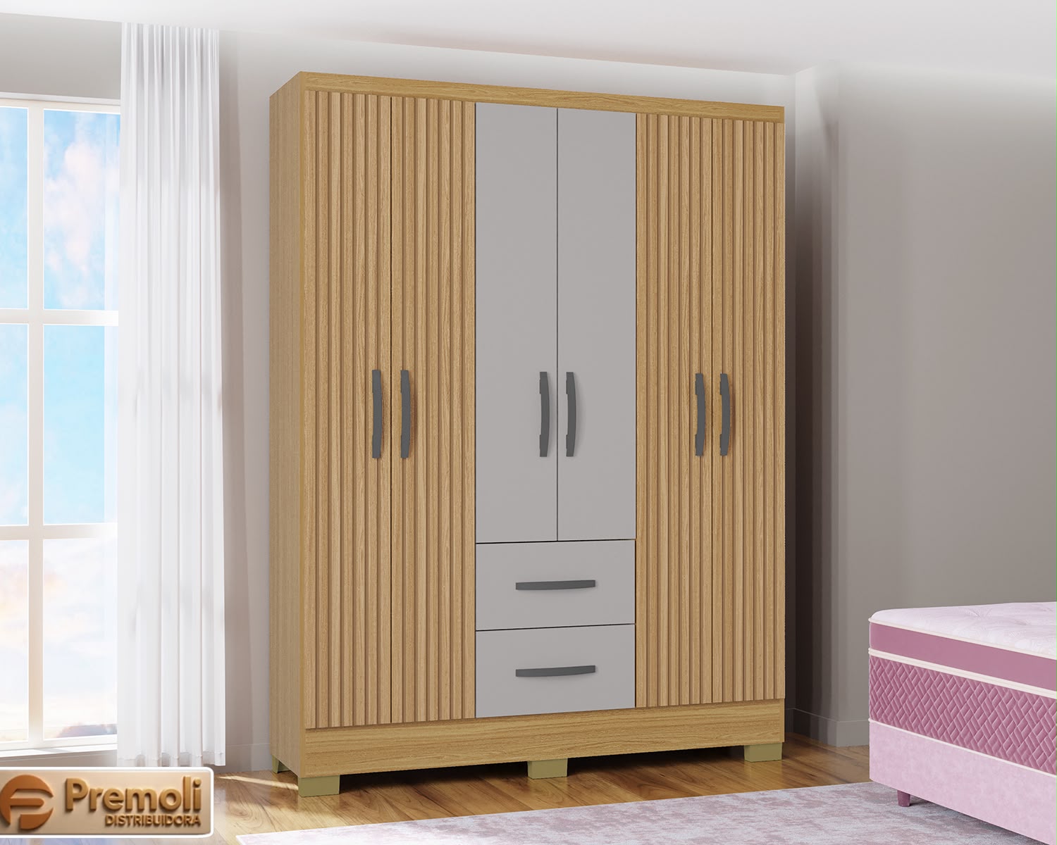 Guarda Roupa Capri Cor Damasco/Off/Ripado 6 Portas e 2 Gavetas Poquema