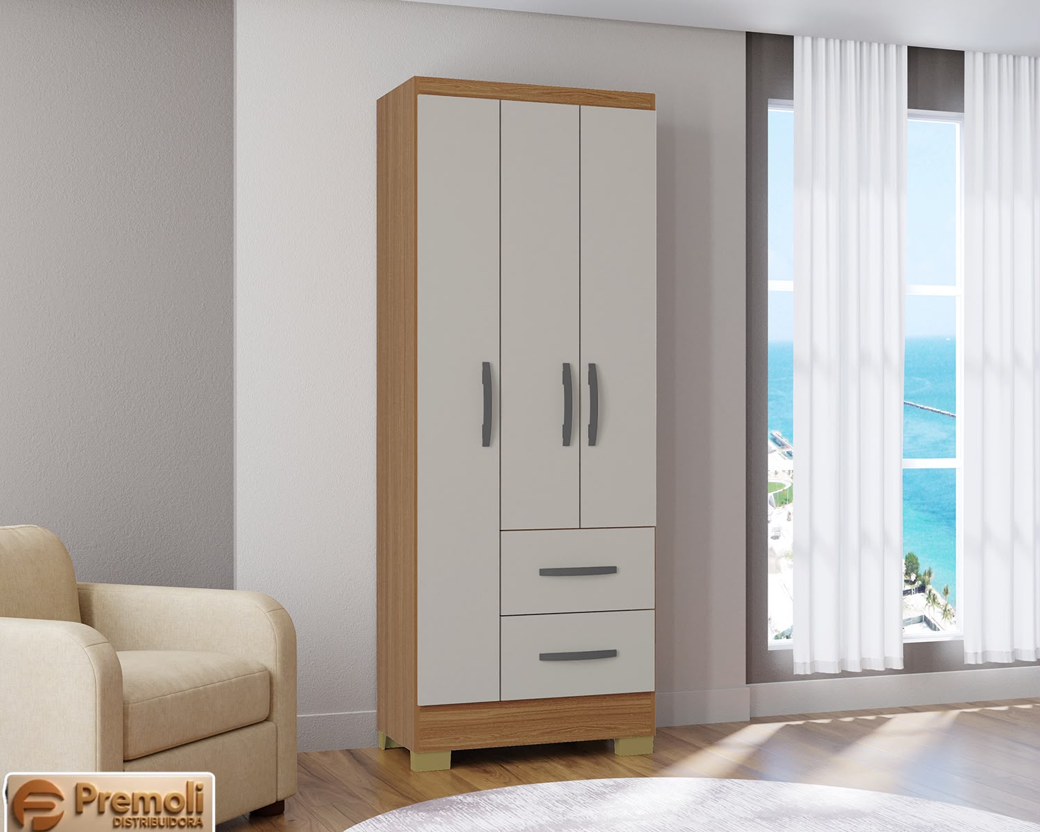 Guarda-roupa Capri 3 Portas 2 Gavetas Cinamomo/off - Poquema