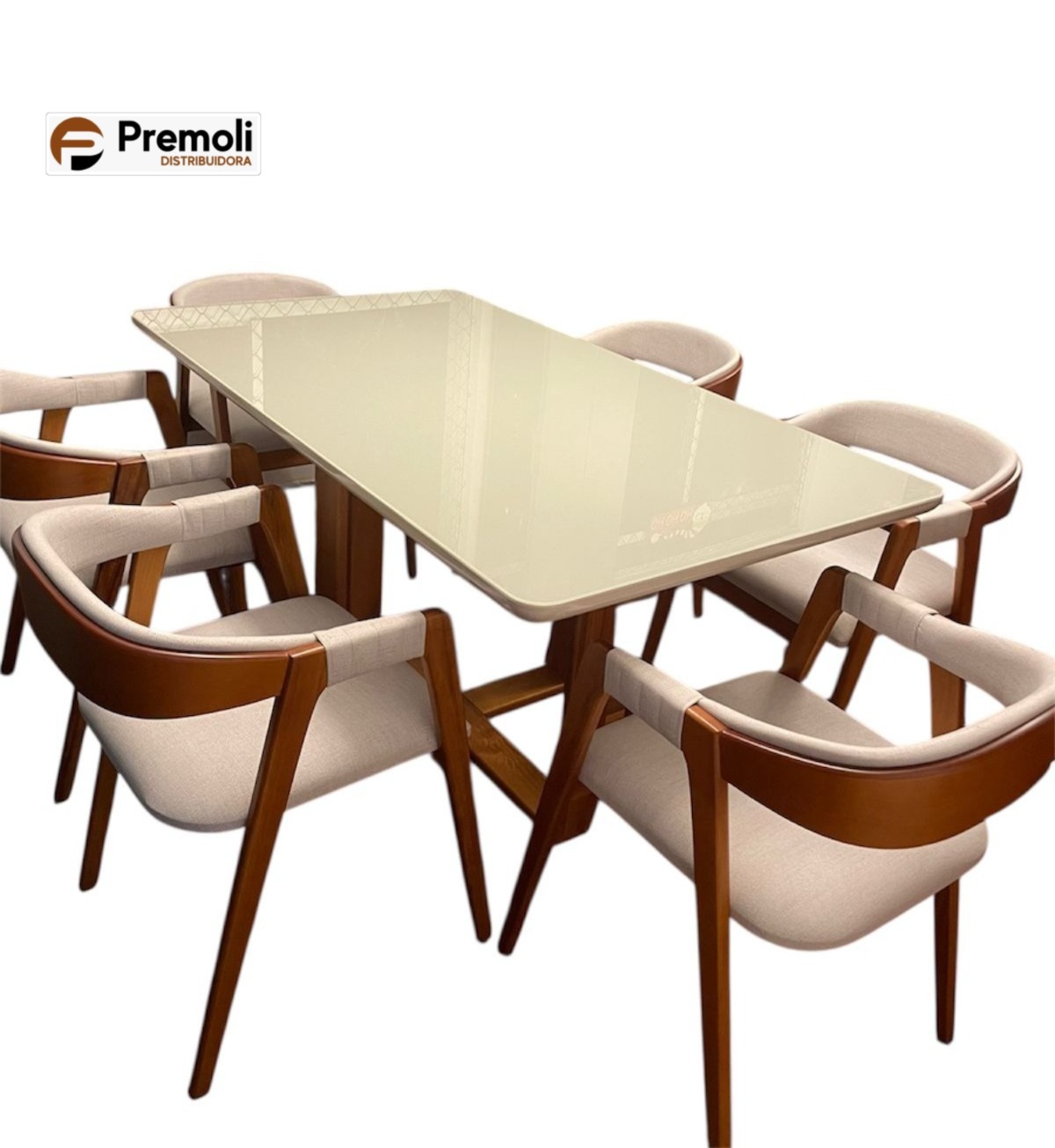 Mesa de Jantar Safira Em Madeira Maciça 1.60×90 C/Vidro 6 Poltrona Veneza Linho Bege