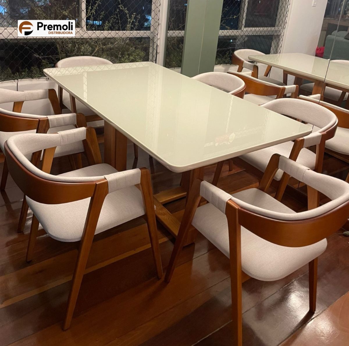 Mesa de Jantar Safira Em Madeira Maciça 1.60×90 C/Vidro 6 Poltrona Veneza Linho Bege - Imagem 2