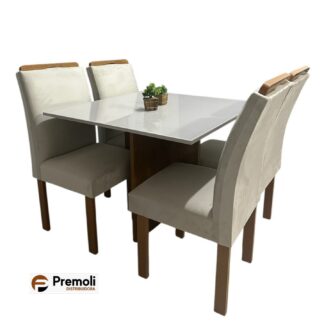 Mesa Premoli Luxo 90×90 Tampo Vidro C/4 Cadeiras  Freijo/Off White/ Imagens Ilustrativas