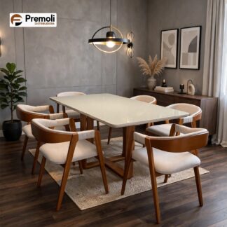 Mesa de Jantar Safira Em Madeira Maciça 1.60×90 C/Vidro 6 Poltrona Veneza  Linho Bege