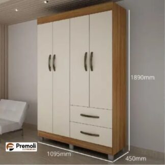 Guarda-Roupa Solteiro Paris 4 Portas 2 Gavetas Cor Carvalho/off – CHF Móvei