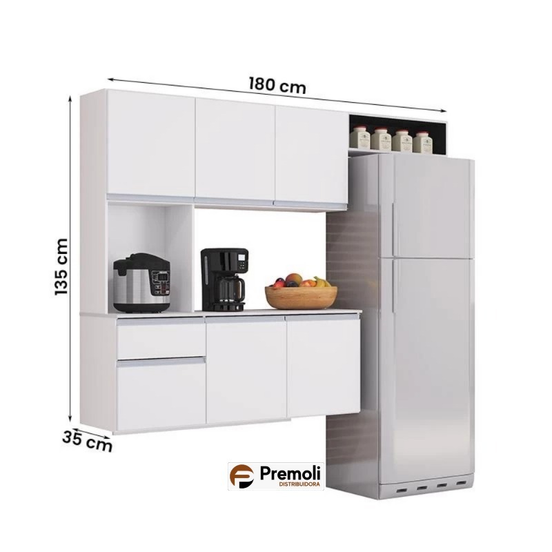 Cozinha C/ Balcão Mel Largura: 180 cm; Br/Pt/Pt – POQUEMA