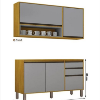 Aéreo Eduarda 1.20 Cm / Balcão Eduarda 1.20 Cm 3 Portas Cinanomo /Cinza – Chf Moveis
