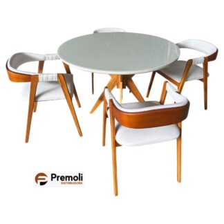 Mesa Italia 120X120  Em Madeira Maciça C/Vidro 4 Poltrona Veneza Linho Bege