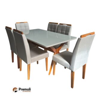 Mesa de Jantar Elegancia  Em Madeira Maciça 1.60×90 C. Vidro 6 Cad. Pérola Linho Bege