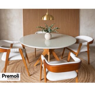 Mesa Italia Redonda 120X120  Madeira Maciça C/Vidro Italia 4 Poltrona Veneza Linho Bege