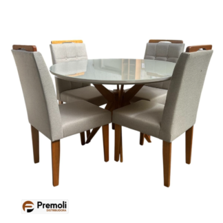 Mesa Italia 120X120 Em Madeira Maciça C/Vidro 4 Cad. Pérola  Linho Bege