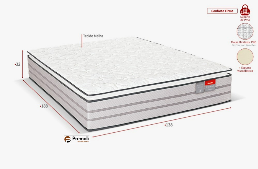 COLCHÃO CASAL MOLA RECONFLEX PROTETTORE PILLOW TOP VISCOELASTICA 138x188x32