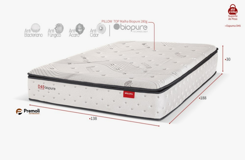 Colchão D45 Biopure Pillow Top Casal Reconflex 138x188x30