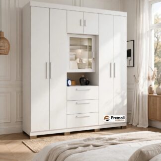 Roupeiro Catania Luxo 1.73cm V2 C/Espelho 6 Portas Cor Branco  Avelan Moveis