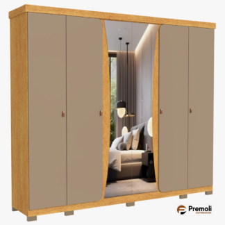 Roupeiro Colonia 6 Portas Cor Freijó/Cafè Com espelho  Avelan Moveis