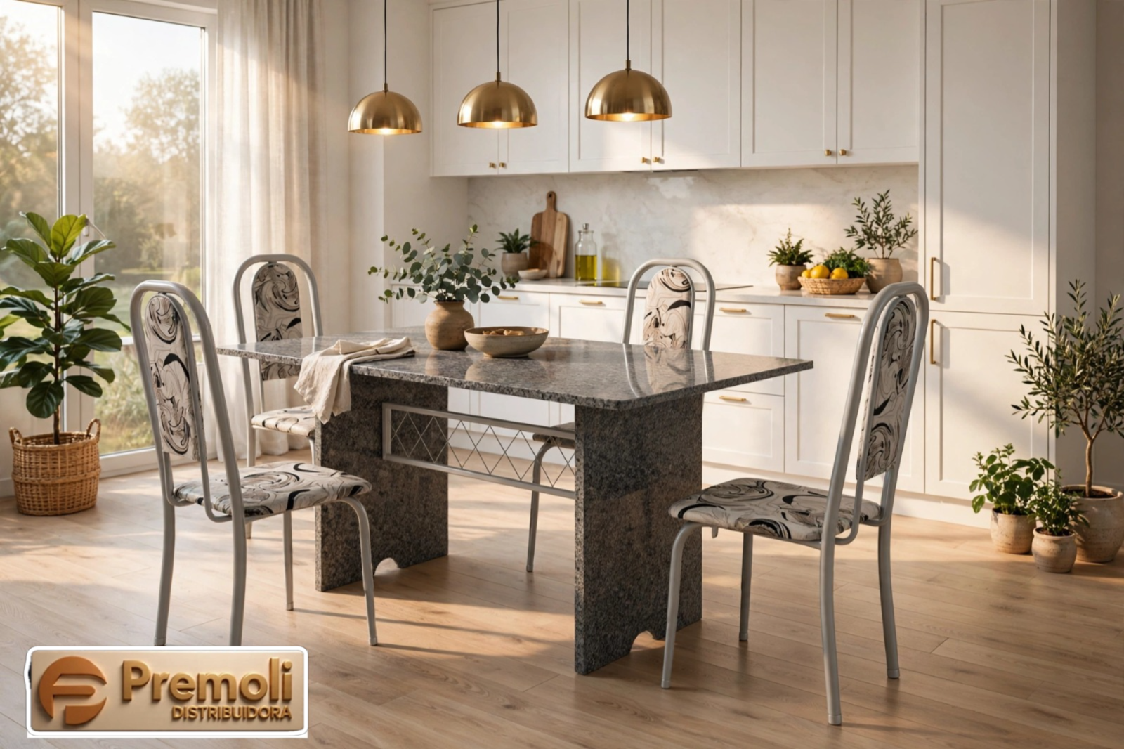 Mesa Tubular 070 04 Cadeiras Lavínea cor branca 120x75cm C/Tampo E pés Em granito soma