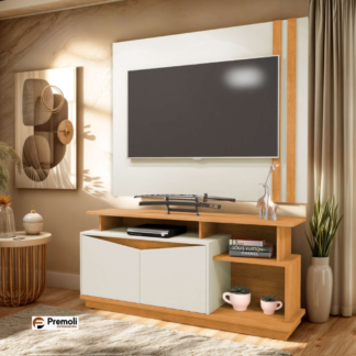 Painel Noronha + Rack Napoli Cor Freijó/Off White  Avelan Moveis