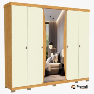 Roupeiro Colonia 6 Portas Cor Freijó/ Off White C/ Espelho Avelan Moveis