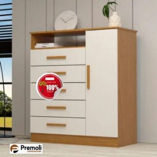 Cômoda Madri 1 Porta 5 Gavetas 100% Mdf Cinamomo/Off White - Acp Móveis