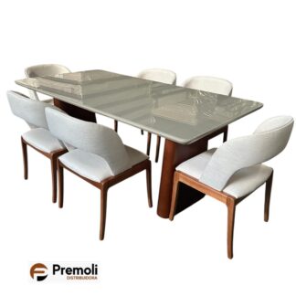 Mesa Duna 2.20×1.00  06 Cadeira Ametista Sky 02 Tecido Linho Cor Imbuia