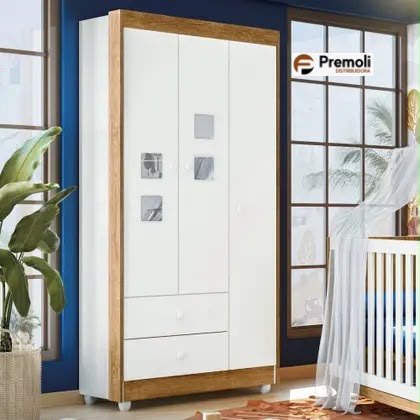 Guarda Roupa Infantil Life Flex 3 Portas 2 Gavetas Cor Branco/Amadeirado Tigus Baby - Imagem 3