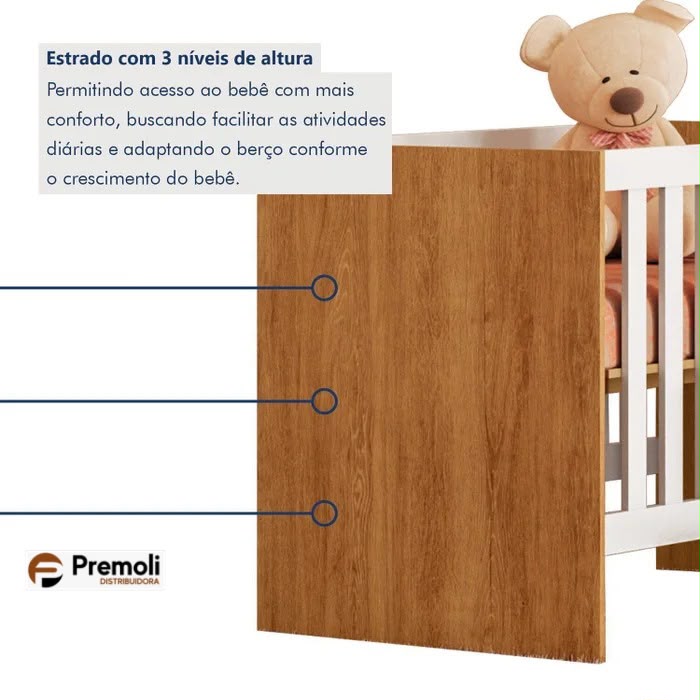Berço C/Regulagem de Altura 100% Mdf Soft Americano Branco/Amadeirado - Imagem 2