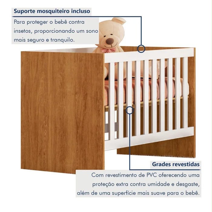 Berço C/Regulagem de Altura 100% Mdf Soft Americano Branco/Amadeirado - Imagem 4