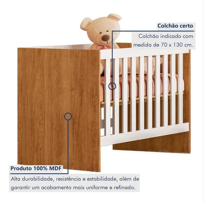 Berço C/Regulagem de Altura 100% Mdf Soft Americano Branco/Amadeirado - Imagem 3