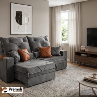 Sofá Retrátil Reclinável Imperador C/Almofadas 2.00m Inca 10 Cinza – Pillow Top de 20 de Altura Espuma d 28