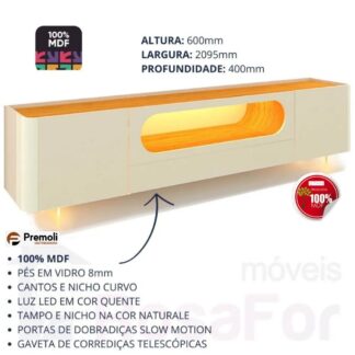 Rack Nobre Pés Vidro TV 85 Pol  Off White - Gelius