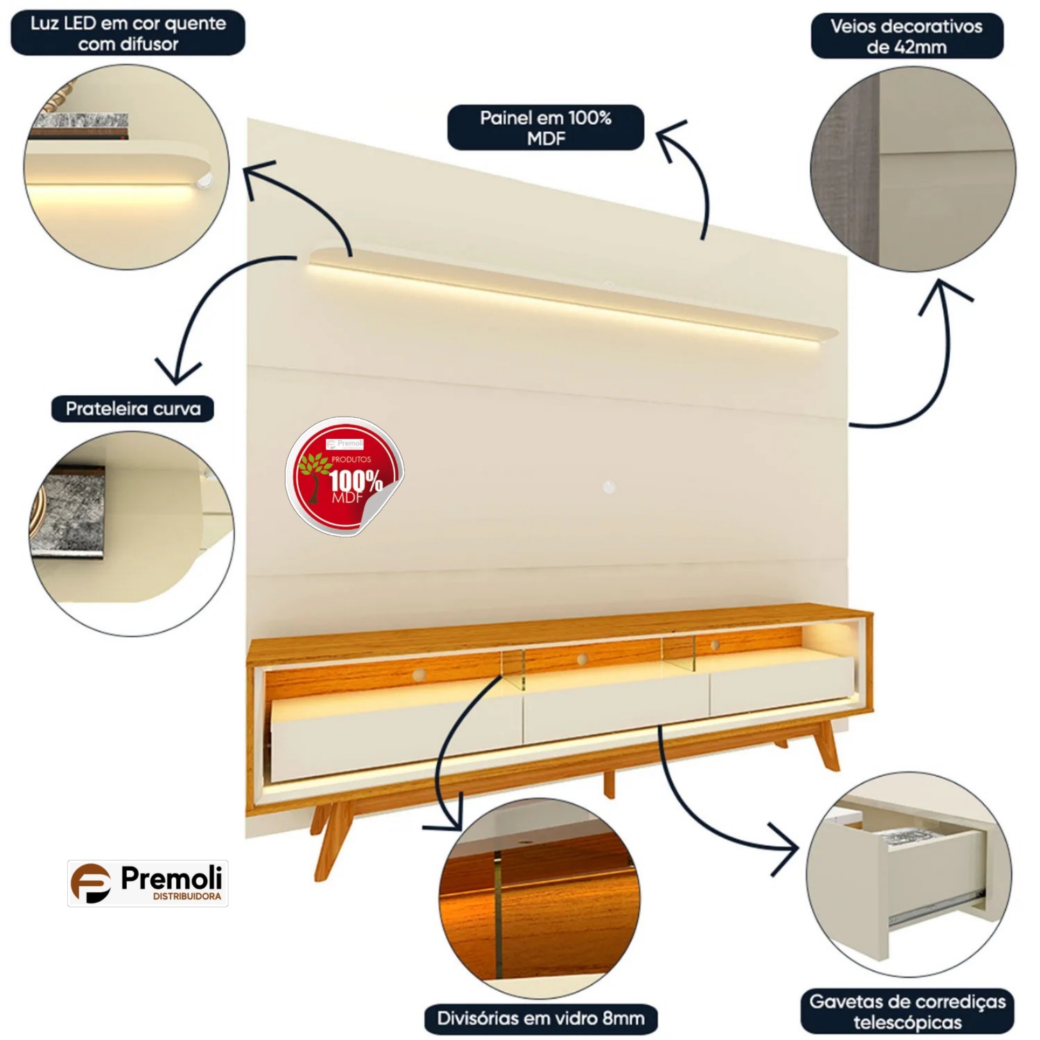Painel e Rack LED Rodízios Royal Requinte 212 Off White Naturale - Gelius - Imagem 2